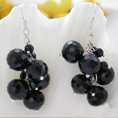 Handmade Crystal Earrings 4-10mm Black Color Faceted Crystal Grape Dangle Earring 925 Sterling Silver Dangle Earring