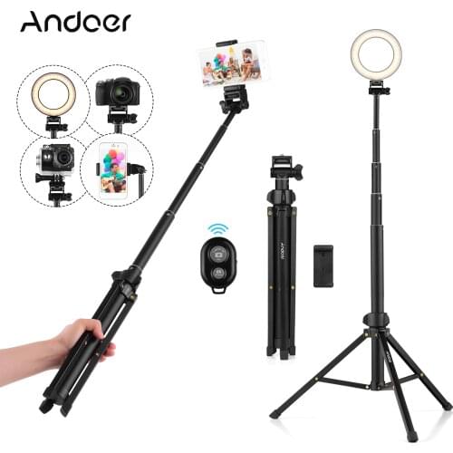 Andoer 1.5m/59" 2-in-1 Tripod Stand + Extendable Selfie Stick Aluminum Alloy with Phone Holder Remote Shutter for iPhone Android