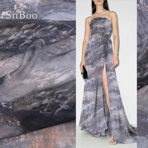 Siiboo 100% natural silk crinkle georgette fabric for summer holiday daily dress sophisticated ink painting printed soie sp6443