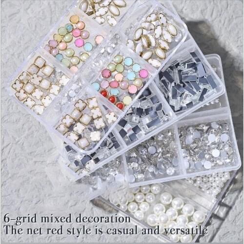 Mixed Nail Decoration Manicure DIY 6 Grid Diamond Size Rhinestone Square Diamond All-match Pearl Nail Art Accessories