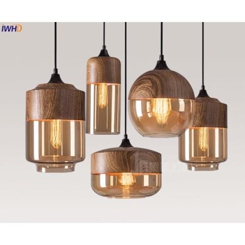 IWHD Wood Color Nordic LED Pendant Lights Fixtures Bedroom Living Room Bar Cafe Glass Lampshade Modern Hanging Lamp Luminaria