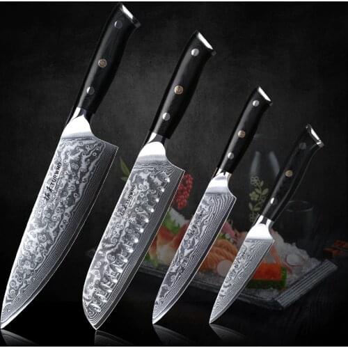 TURWHO 4Pcs Kitchen Knife Set Japanese VG10 Damascus Steel Knife Chef Santoku Paring Utility Knife Set Kitchen Cooking Tools