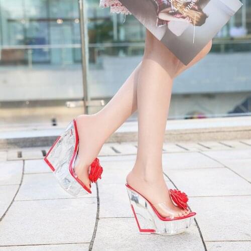 Transparent Crystal Wedge Platform High Heels 14CM Ultra High Heels Wedding Women Pumps Flower Design Elegant Ladies Sandals