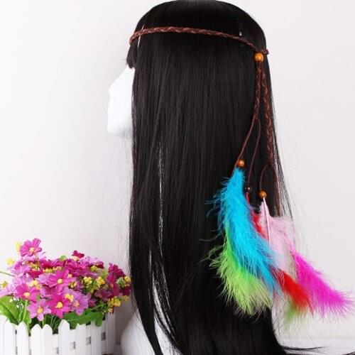 Bohemian Style Indian Feather Headband Headdress Hair Rope Headwear Tribal Hippie Handmade Hair Accessories for Women 30