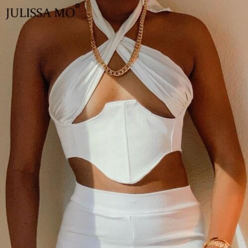 Julissa Mo Patchwork Bandage Top Women 2021 Spring Sleeveless Backless Crop Tops Black Sexy Fashion Clubwear Female Slim Camis