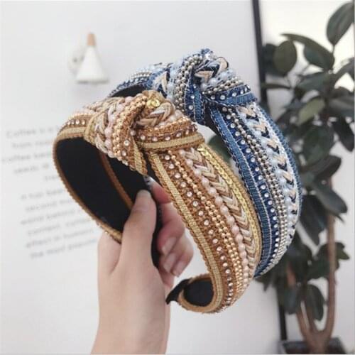 Fashion winter hair accessories womens pearl weaving middle knot wide-brimmed headband headband girls wild hair band headwear