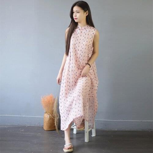 SCUWLINEN Vestidos 2020 Women Summer Dresses Vintage Print Stand Collar Plate Buttons Sleeveless Long Ramie Dress Cute Robe S566