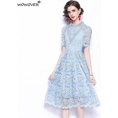 Elegant Summer Designer Runway Short Sleeve Hollow Out Blue Lace Dress Party Celebrity Robe Women Knee Length Female Vestidos