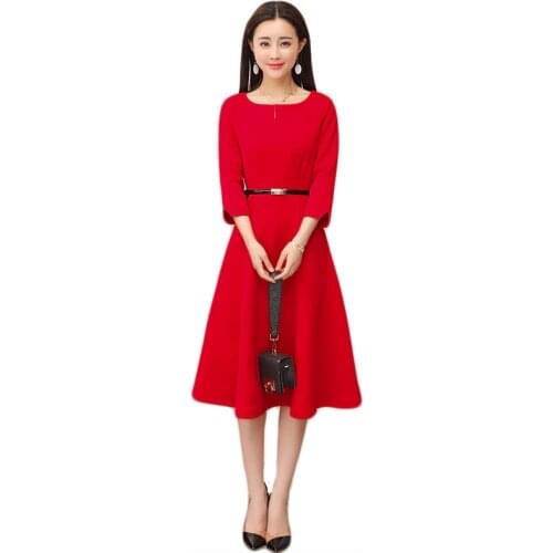 Spring Autumn Dress Female 2019 New Plus Size Women Mid sleeve dress Slim Red Dress Vintage A-Line Dress Party Vestido Q190