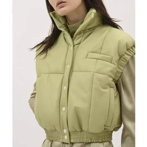 2021 Za womens green artificial leather pocket sleeveless fashion vest parkas thick button womens warm and elegant coat