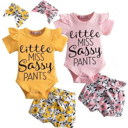 3Pcs Clothing Set Baby Girls Clothes Ruffle Romper+Sunflower Pants+Headband Outfits Infant Party Baby Princess Jumpsuit Clothing
