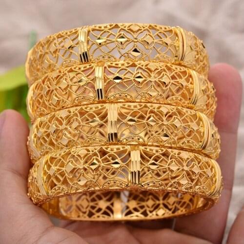 ANNAYOYO 4Pcs/lot Ethiopian Africa Gold Color Bangles for Women Flower Bride Bracelet African Wedding Jewelry Middle East Items