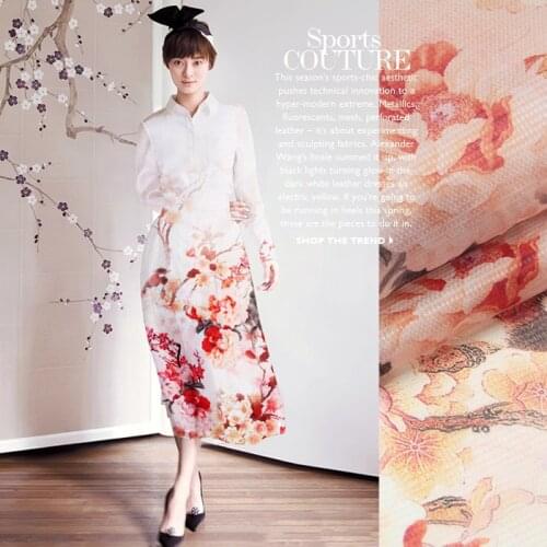 PRINT SILK GRID ORGANZA SATIN FABRIC 140cm width 14momme 100% Pure Silk Pink Flower Printing Clothing Grid Pattern