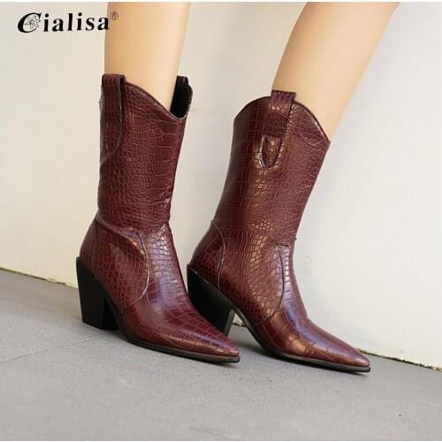 CIALISA Shoes White Yellow Autumn Boots For Women PU Leather Western Cowboy Wedge Short Plush High Heel Pointed Toe Warm Boots