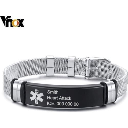 Vnox Free Personalize Medical Alert ID Bracelets for Men Women Black Stainless Steel Bangle Mesh Band Emergency Jewelry