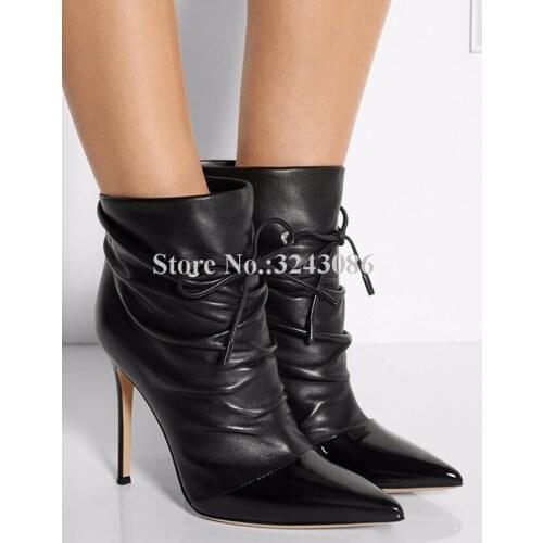 Black Patchwork Lady Ankle Boots Fashion Pointed Toe Lace-up Thin Heel Short Boots Sexy Woman OL Out Fits Stiletto Pumps