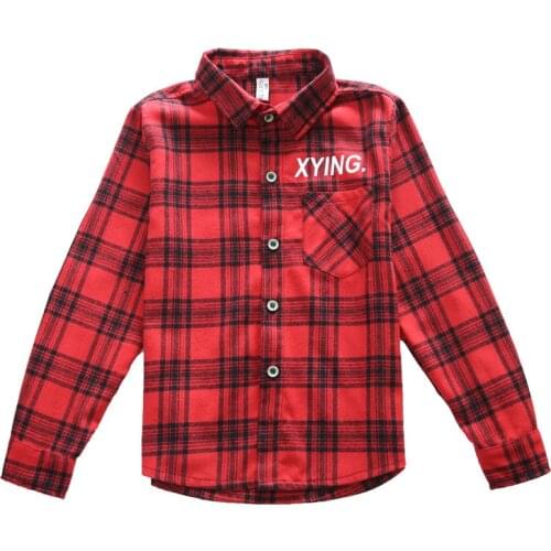 Kids Boys letters printed cotton long-sleeved plaid shirt 2021 new spring / autumn big virgin shirt lapel 4-12 years old