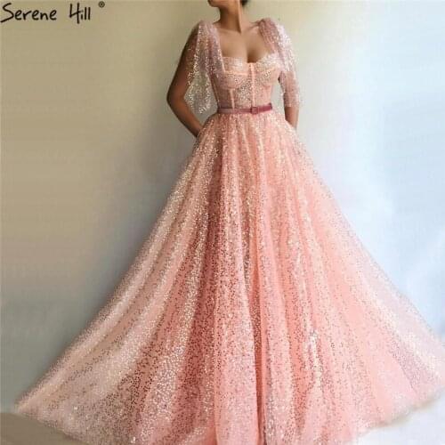 Dubai Peach Sequined Sashes Sexy Evening Dresses 2020 Short Sleeves Sparkle Tulle Formal Dress Serene Hill LA60944