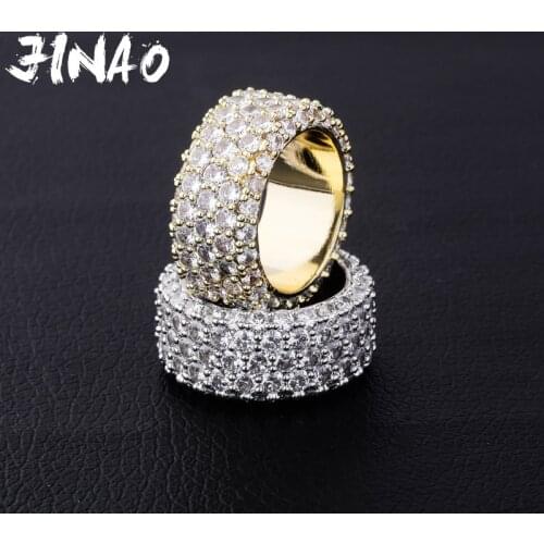 JINAO Hip Hop Ring Luxury Full Three rows Cubic Zircon Gold Silver color Charm Jewelry Punk Male Women Finger Rings Size 7-11