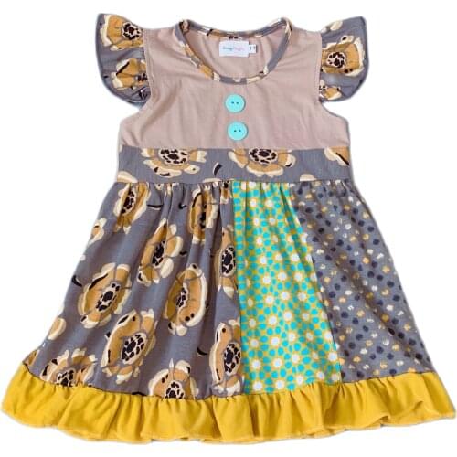 Baby girl summer Dark grey dress with mustard mustard ruffle collar geometry pattern newest dress with double ruffles