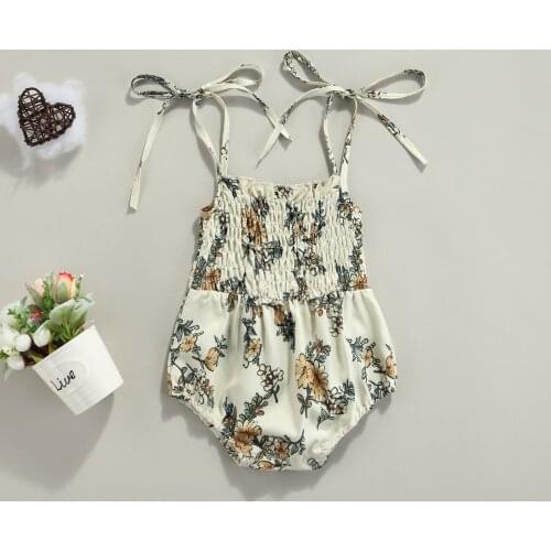 Summer Fashion Casual Baby Floral Print Short Romper Girls Sleeveless Low-cut Tie-up Sling Jumpsuit with Ruffles