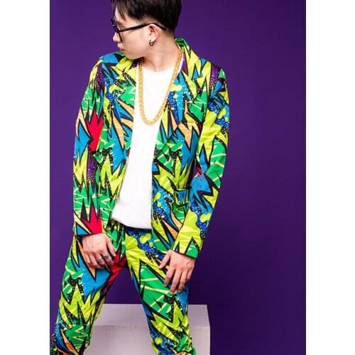 Graffiti Suit Men Hip Hop Performance Dance Costume Trendy Coat Pants Nightclub Bar Male DJ Gogos Hairdresser Clothing VDB2579
