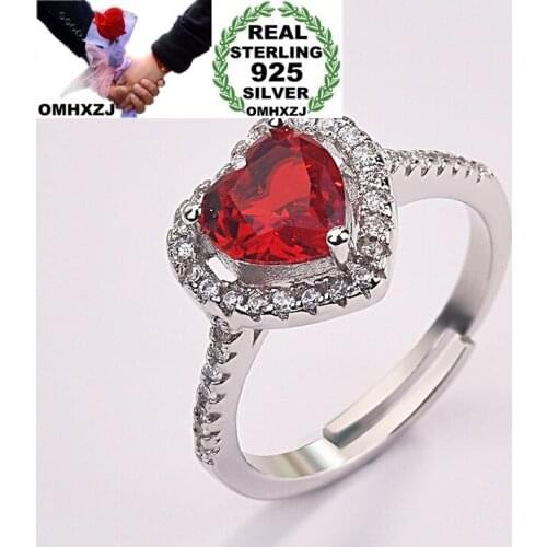 OMHXZJ Wholesale European Fashion Woman Girl Party Birthday Wedding Gift Heart Red AAA Zircon 925 Sterling Silver Ring RR989
