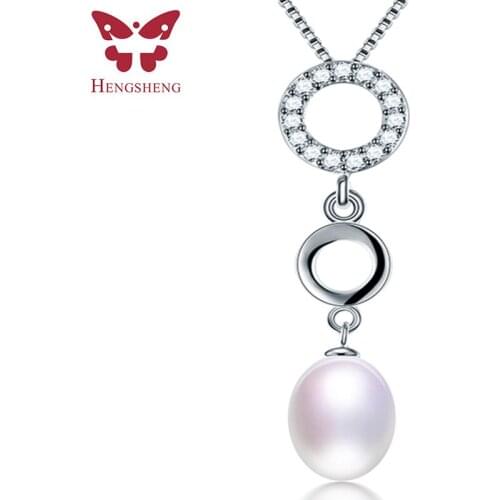 HENGSHENG Hot Sale Genuine Natural Freshwater Oval Pearl Necklace 925 Sterling Silver Circle Zircon Pendant Necklace For Women