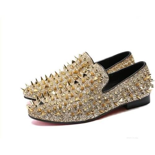 Promotion Gold Glitter Shoes Men Fashion Skewers Moccasins Slip On Shoes Sizes Large Picks Rivet Moccasins Men Shoes Flat Loafer