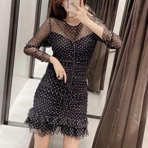 PUWD Sexy Woman Black Slim Lace Patchwork Seethrough Dress 2021 Spring Fashion Ladies Pleated Dresses Female Elegant Party Dress