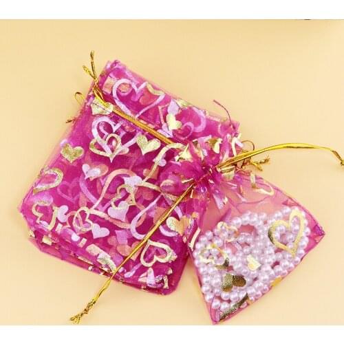 Hot Pink Heart Organza Bags For Gifts Drawstring Jewelry Bags Pouches For Wedding Bolsas Regalo Organza Pouches 200pcs/lot