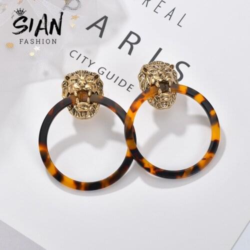 SIAN Punk Lion Head Leopard Circle Earrings Exaggerated Big Hollow Round Geometric Dangle Earring Vintage Leopard Daily Ornament