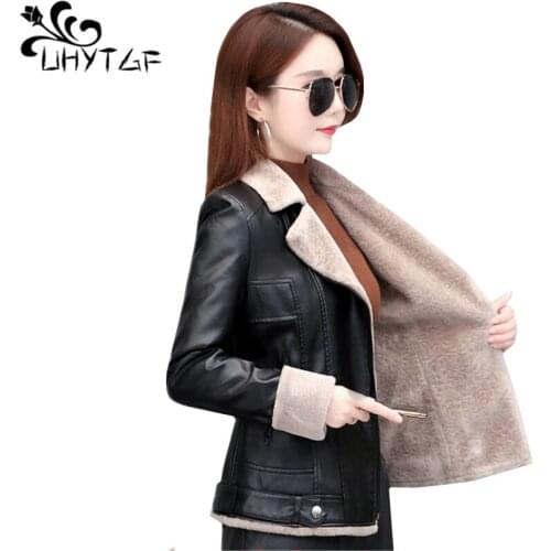 UHYTGF Fashion Leather Jacket Women Luxury Black Fur Plus Velvet Warm Short Tops Winter Coats Female Manteau Fourrure Femme 934