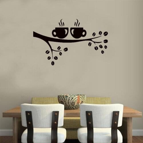 WJWY Coffee Cup Of On Tree Branch Wall Sticker Kitchen Cafe Home Decor Vinyl Wall Decals Art Murals Wallpaper Poster Decoration