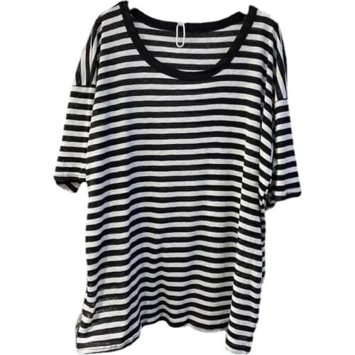 Summer Oversized Short Sleeve T-shirt Womens 300kg Casual Loose Thin Striped Top Summer Plus Size Woman Tshirts