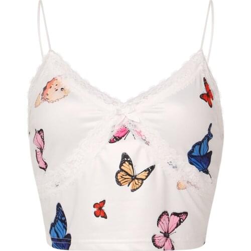 Women Summer Sexy V-neck Camisole Ladies Lace Splicing Butterfly Printing Sleeveless Midriff-baring Top for Dating Shopping