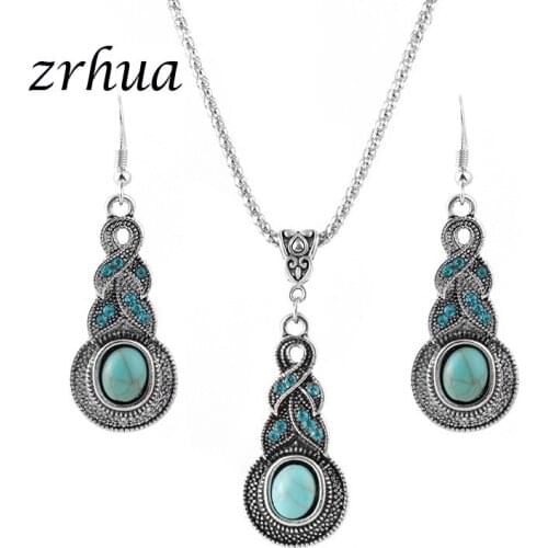 ZRHUA Free Ship Green Opal Jewelry Sets Water Drop Ethnic Boho Bijoux Silver Color Earrings Necklaces for Women Femme Best Gifts