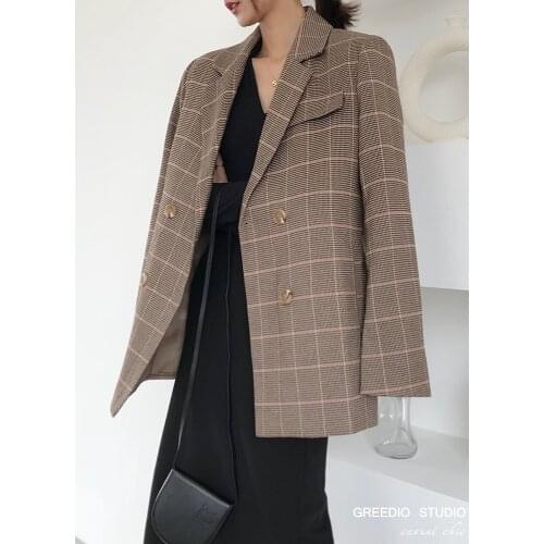 Suit Women blazers Female Vintage Double Breasted Office Ladies Plaid Blazer Long Sleeve Loose Houndstooth Suit Coat Jacket