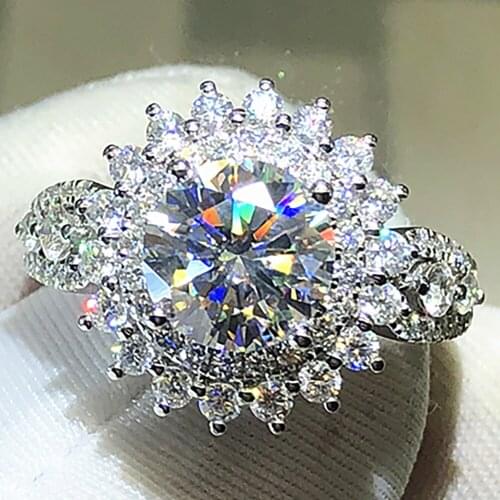 14K Au585 White Gold Women Wedding Party Engagement Ring 1 2 3 4 5 Carat Round Moissanite Diamond Ring Sun Flower Trendy Classic