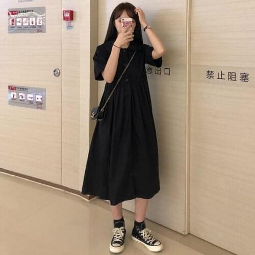 Dress Women Solid Baggy Lapel Summer Dresses Short Sleeve Harajuku Simple Students Maxi Pleated High-waist All-match Fashion
