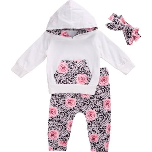 0-24M Toddler Infant Baby Girl Floral Clothes Set 2020 Autumn Long Sleeve Hoodie Pants Headband Outfits Clothing 3PCs