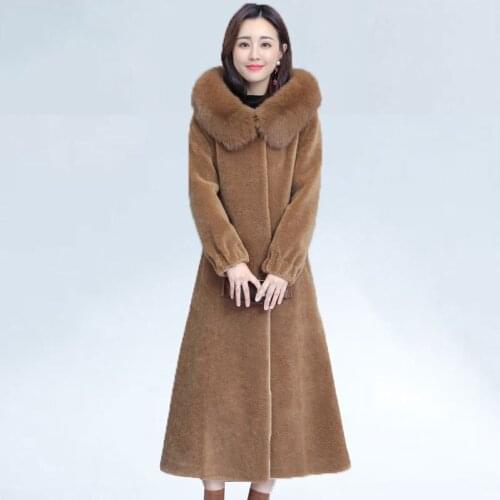 2019 Plus Size 4XL Winter Women Natural Genuine Sheep Shearing Fur Long Coats Jacket Female Real Fox Fur Hooded Wool Overcoat