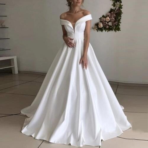 White Ivory Off the Shoulder Wedding Dresses 2020 Satin vestido de noiva Back Lace Up Sleeveless Wedding Dress Floor Length