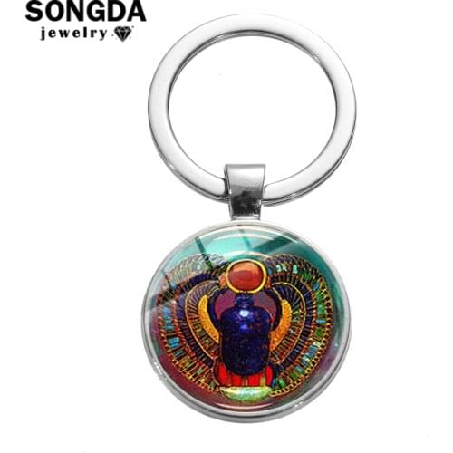SONGDA Ancient Egypt Scarab Totem Keychain Symbol of Strength Egyptian Eye of Horus Glass Art Round Key Chain Bag Charm Ornament