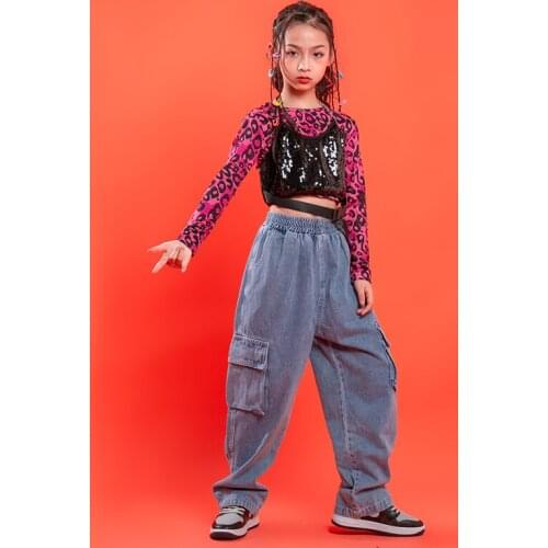 Kids Concert Hip Hop Clothing Sequin Crop Tops Shirt Streetwear Cargo Pants For Girls Jazz Dance Costume Clothes Singers Outfits