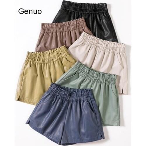 Elastic High Waist Wide Leg Biker Shorts Autumn PU Leather Shorts Women Plus Size Femme Casual Ladies Shorts Black