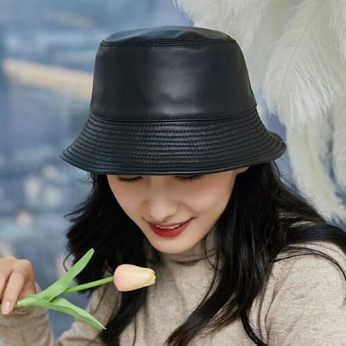 Elegant women sheepskin leather cap womens bucket hats piel genuina natural genuine leather hat brands caps casual trendy hat