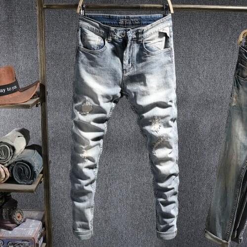 European Vintage Fashion Men Jeans Retro Light Blue Elastic Slim Ripped Jeans Men Patchwork Designer Korean Casual Denim Pants
