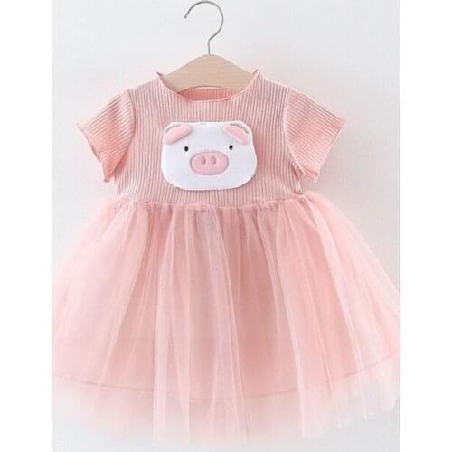 Summer Casual Baby Girls Cartoon Pig Pattern Short Sleeve Dress Cotton Kids Toddler Mesh Sundress