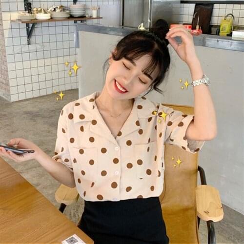 Summer 2021 New Korean Retro Suit Collar Polka Dot Short-sleeved Shirt Design Niche Blouse Blouse